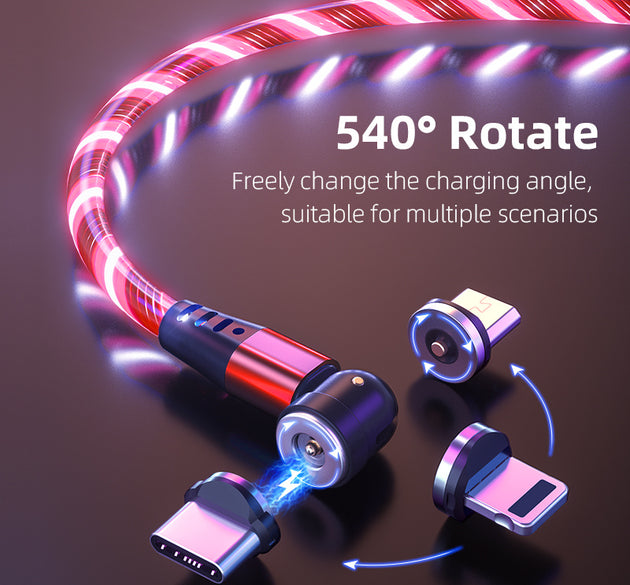 540 Rotate Luminous Magnetic Cable 3A Fast Charging Mobile Phone Charge Cable For LED Micro USB Type C For I Phone Cable