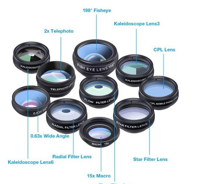APEXEL Phone Lens Kit Universal 10 In 1 Fisheye Wide Angle Macro Lens CPL Filter Kaleidoscope 2X Telescope Lens For Smartphone