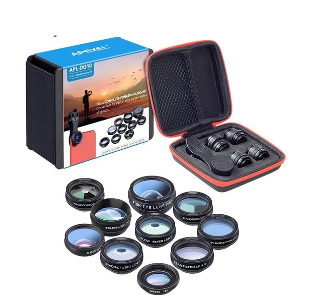 APEXEL Phone Lens Kit Universal 10 In 1 Fisheye Wide Angle Macro Lens CPL Filter Kaleidoscope 2X Telescope Lens For Smartphone