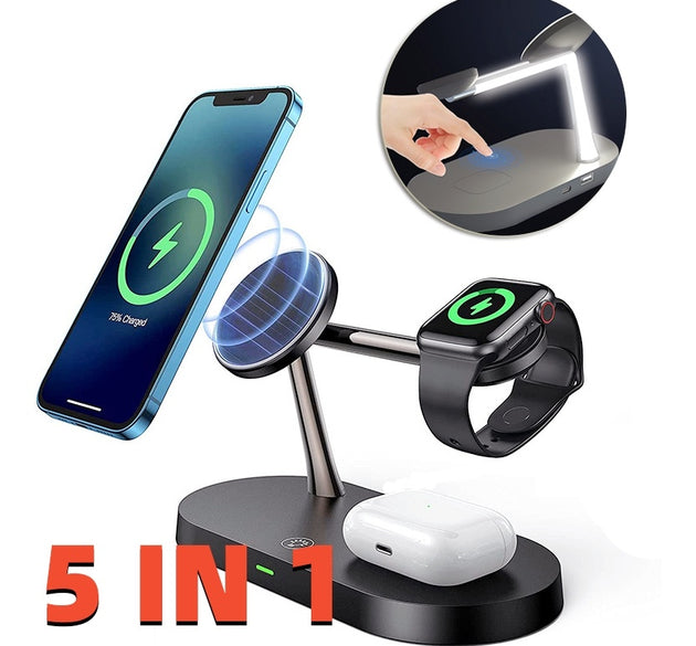 Multifunctional Five-In-One Magnetic Wireless Charging Watch Headset Desktop Mobile Phone Holder Charger 15W Fast Charge